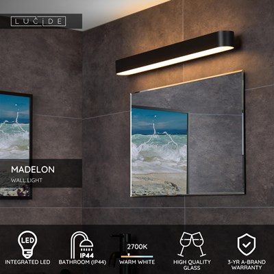 Lucide MADELON - Wall light Bathroom - LED - 1x9W 2700K - IP44 - Black